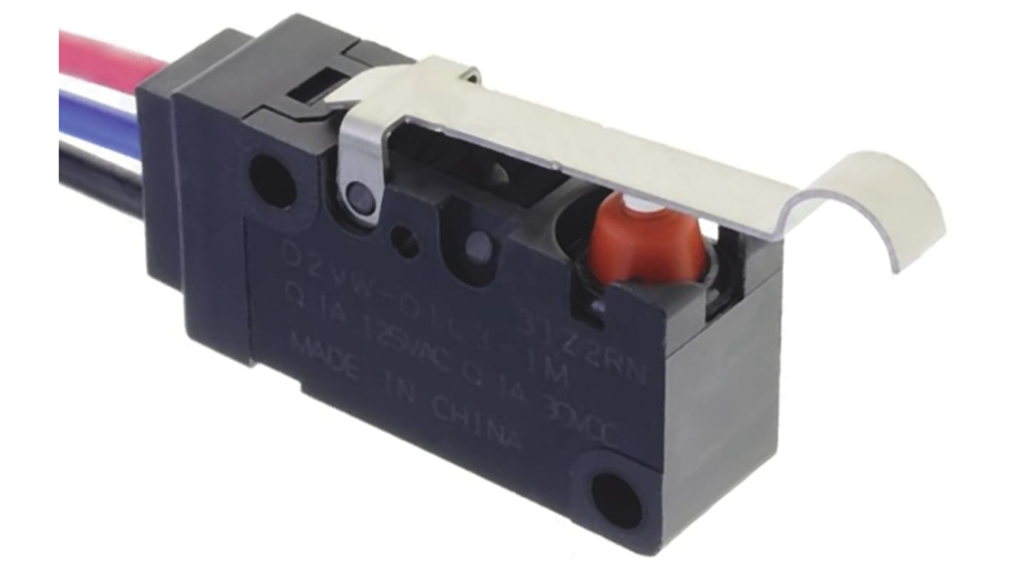 Microinterruttore Omron D2VW-01L3-1M(D)(CHN) SPDT pre-cablato, IP67, attuatore a leva, 100 mA a 30 V cc.