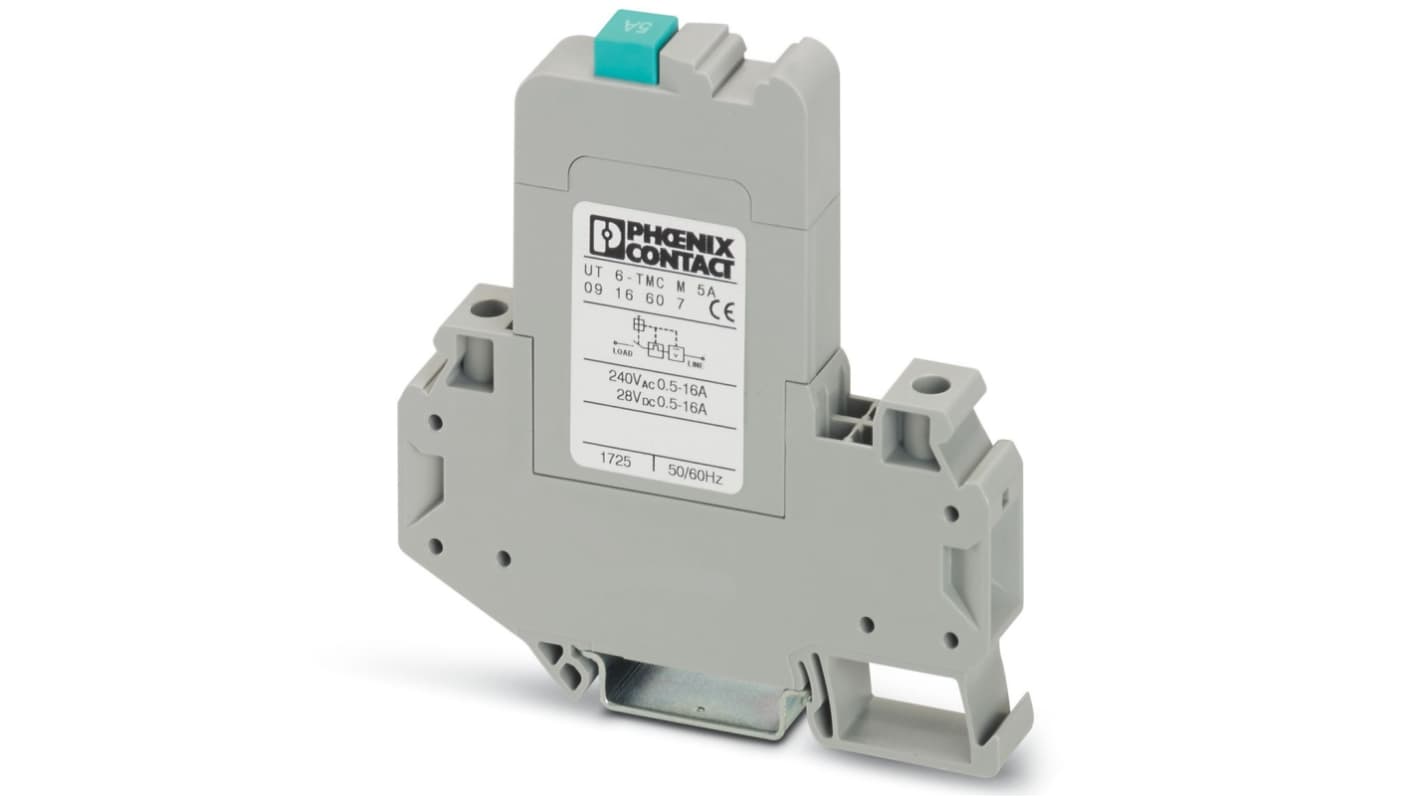 Interruttore termico Phoenix Contact UT 6-TMC, 1 polo, 5A, 250V, montaggio su guida DIN, dimensioni 85,5 x 12,3 x 82,7 mm.