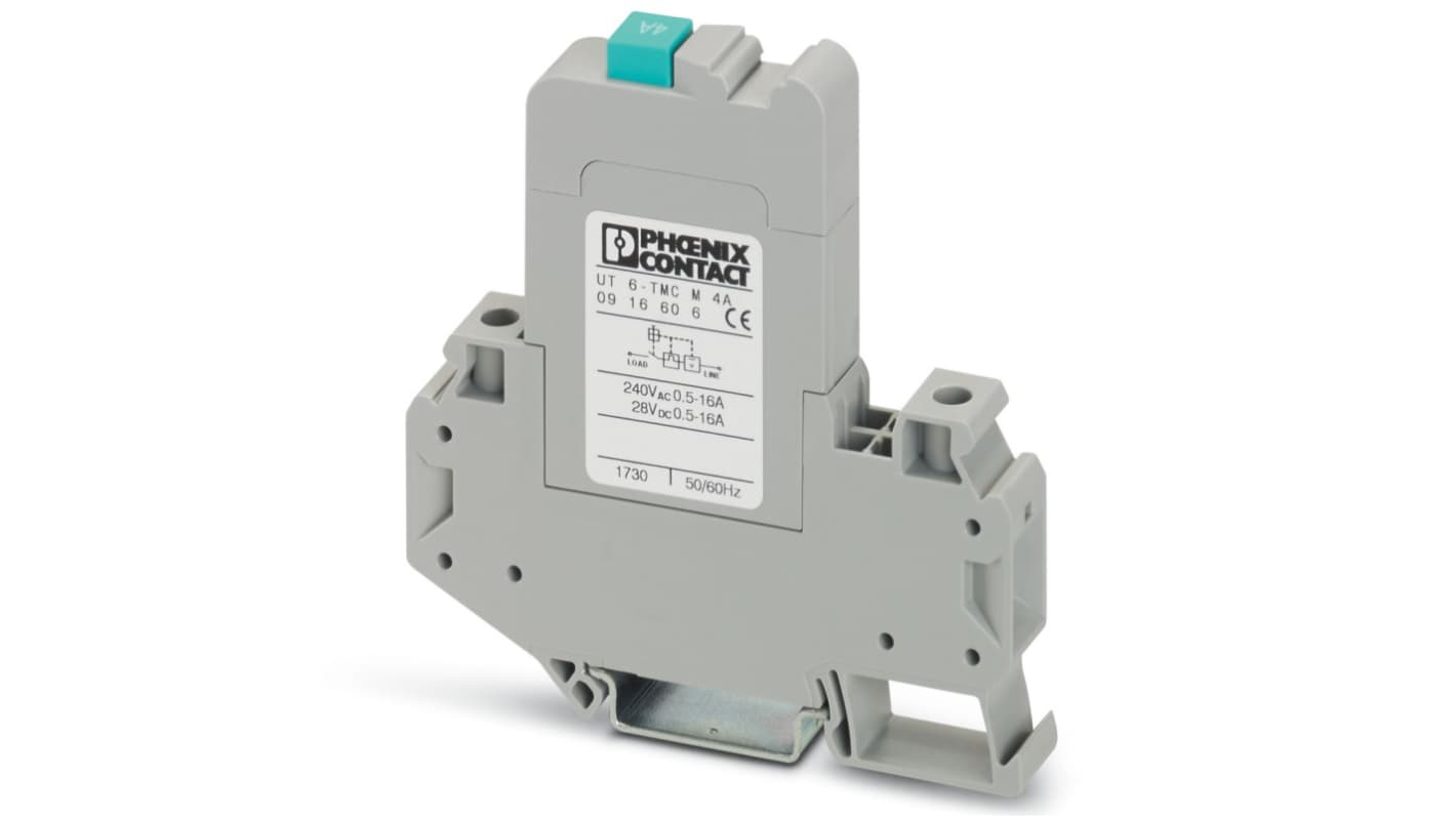 Interruttore termico Phoenix Contact UT 6-TMC, 1 polo, 4A, 250V, montaggio su guida DIN, dimensioni 85,5 x 12,3 x 82,7 mm.