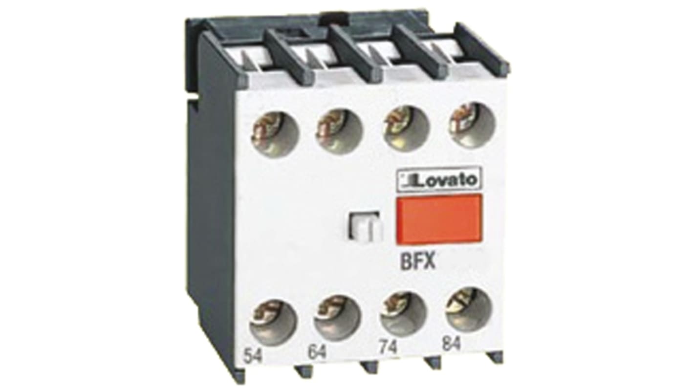 Blocco contatti ausiliari Lovato BFX1013, 4 contatti (1NO + 3NC), montaggio a innesto, protezione IP20.