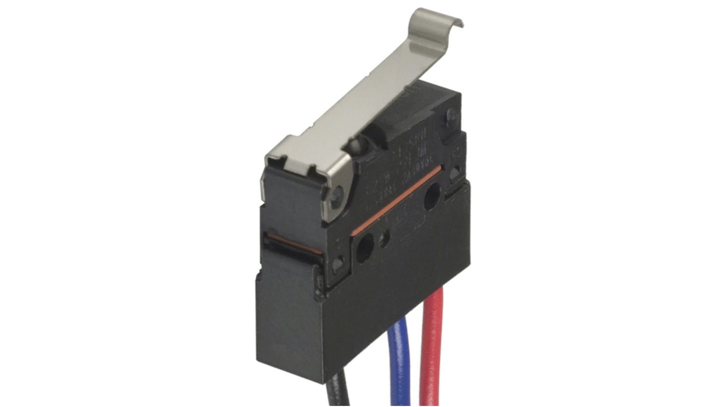 Microinterruttore Omron D2SW-P01L3M SPDT pre-cablato, grado di protezione IP67, corrente nominale 100 mA a 30 V cc.