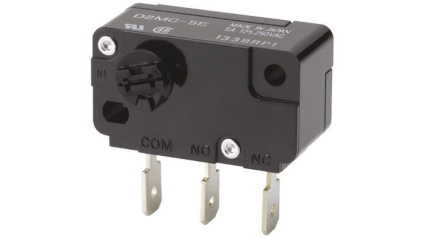 Microinterruttore Omron D2MC-01E SPDT, attuatore rotativo, corrente 500 mA, protezione IP40, durata meccanica 10 milioni di cicli.