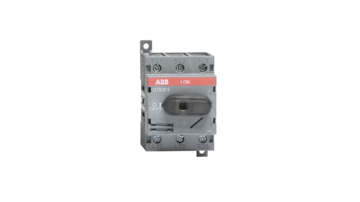 Interruttore di isolamento ABB OT63F3, 3 poli, 63A, montaggio su base, dimensioni 92x53x73mm, protezione IP20.