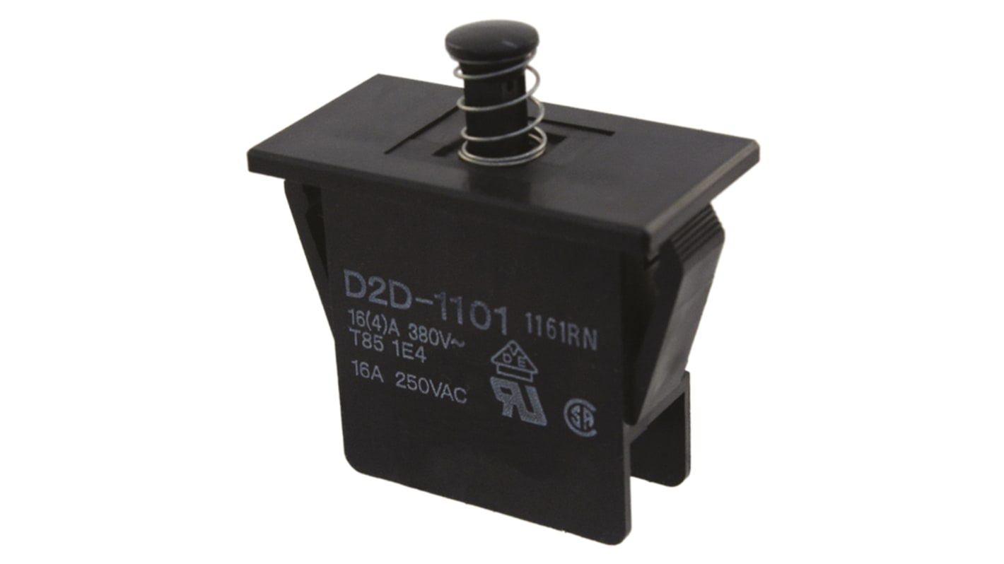 Microinterruttore Omron D2D-1101 SPST a stantuffo, forza di azionamento 5,88 N, corrente 16 A, dimensioni 13 mm di profondità.