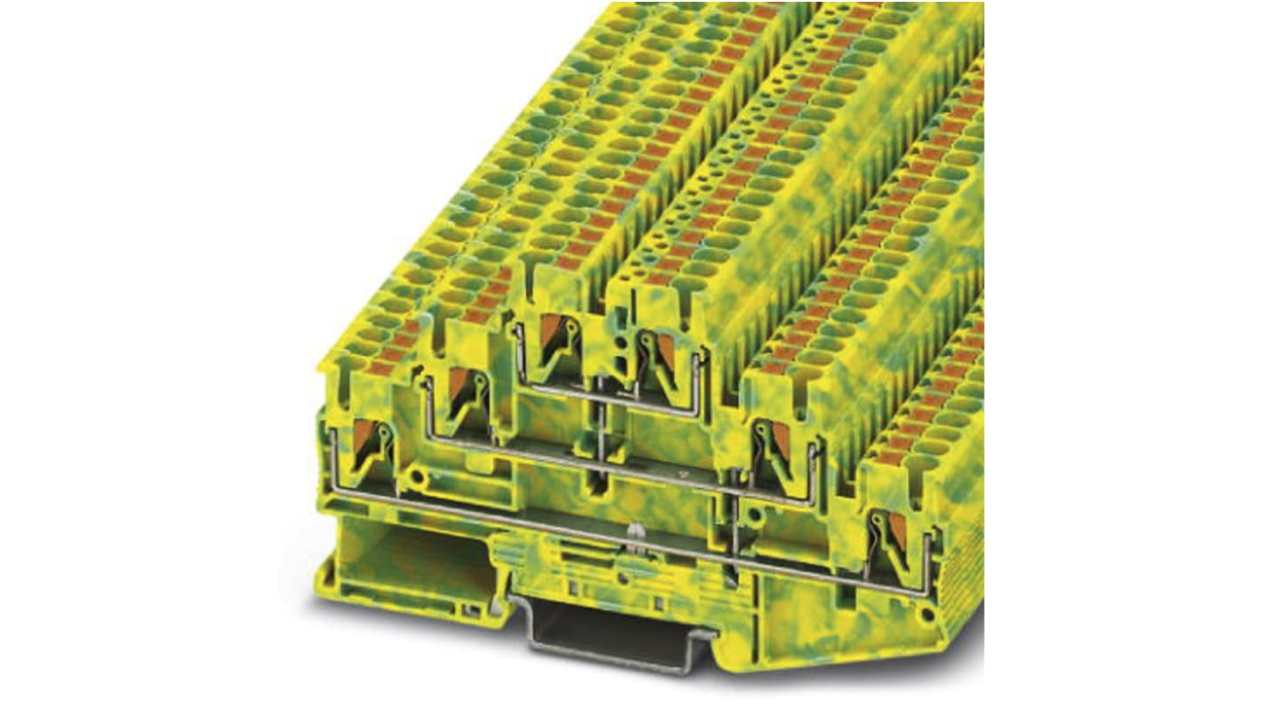 Morsettiera a livelli tripli Phoenix Contact 3210525, Verde/Giallo. Serie PT compact con collegamento diretto da 0,34 mm². Ideale per conduttori intrecciati e rigidi. Facilita il cablaggio in spazi ristretti.