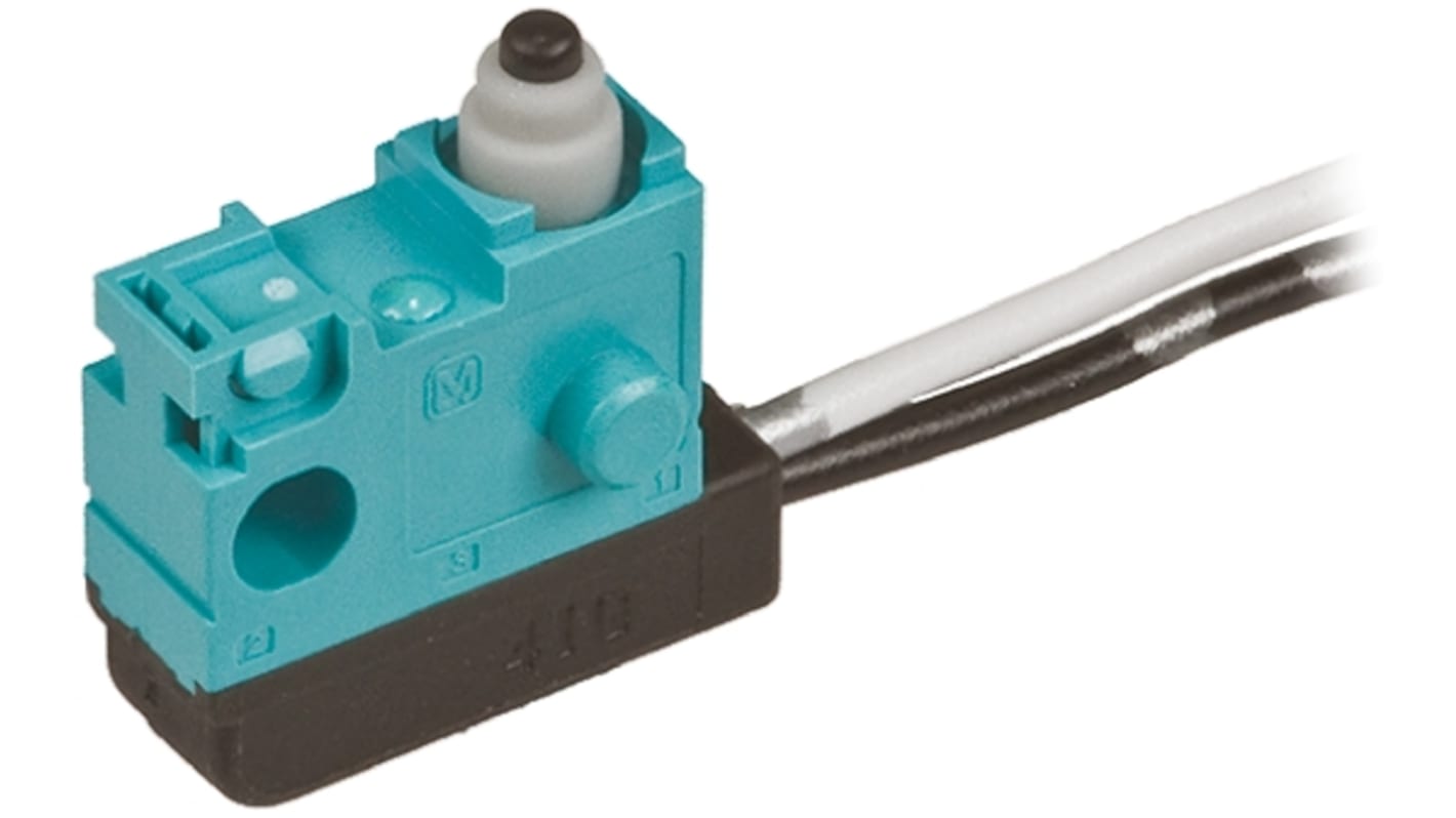 Microinterruttore SPST pre-cablato Panasonic ASQ10320, grado di protezione IP67, attuatore pistoncino, corrente nominale 100 mA.