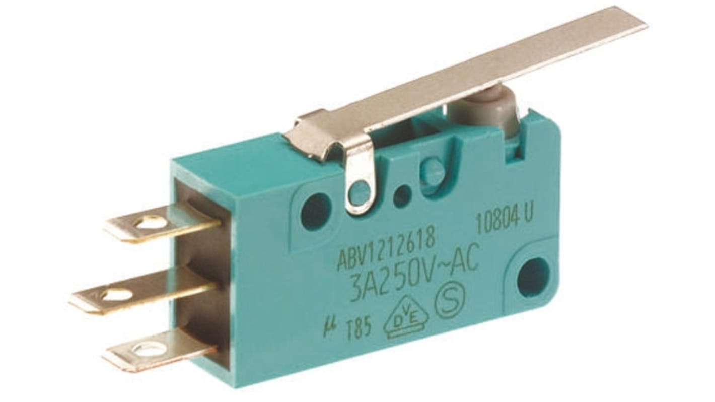 Microinterruttore Panasonic ABV1212513 SP-CO, attuatore a leva, corrente nominale 3 A, protezione IP50, durata 5 milioni di cicli.