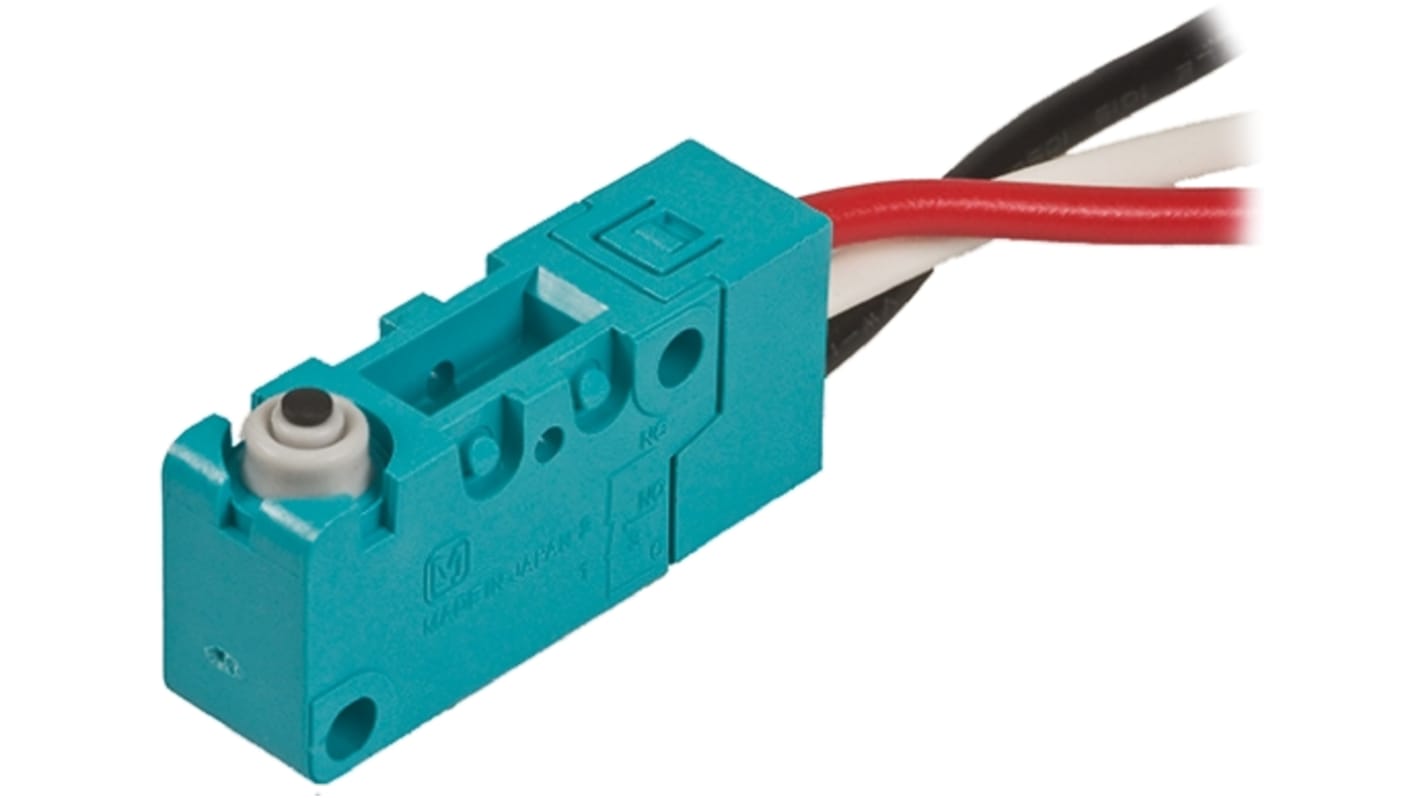 Microinterruttore Panasonic ABV1610403, SP-CO pre-cablato, protezione IP67, forza di azionamento 0,98 N, temperatura -40/+85 °C.