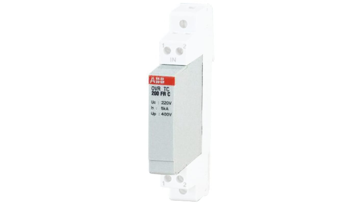 ABB OVR TC 200 FRC, protezione da sovracorrente per guida DIN, corrente massima 10kA, dimensioni 17.5 x 85 x 63 mm, installazione semplice.