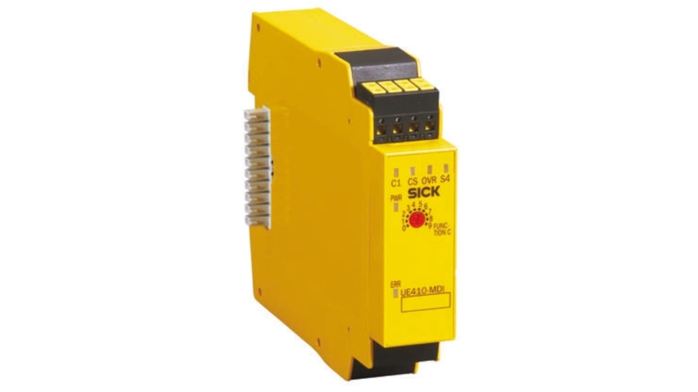 Modulo di ingresso Sick UE410-MDI3 per unità di espansione, 24 V c.c., montaggio su guida DIN, dimensioni 96,5 x 22,5 x 128,8 mm.