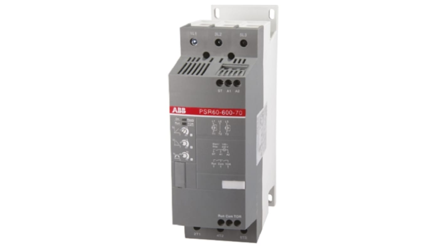 ABB 1SFA896115R1100, avviatore soft-start 3 fasi, 55 kW, montaggio su guida DIN, dimensioni 70x180x220 mm.