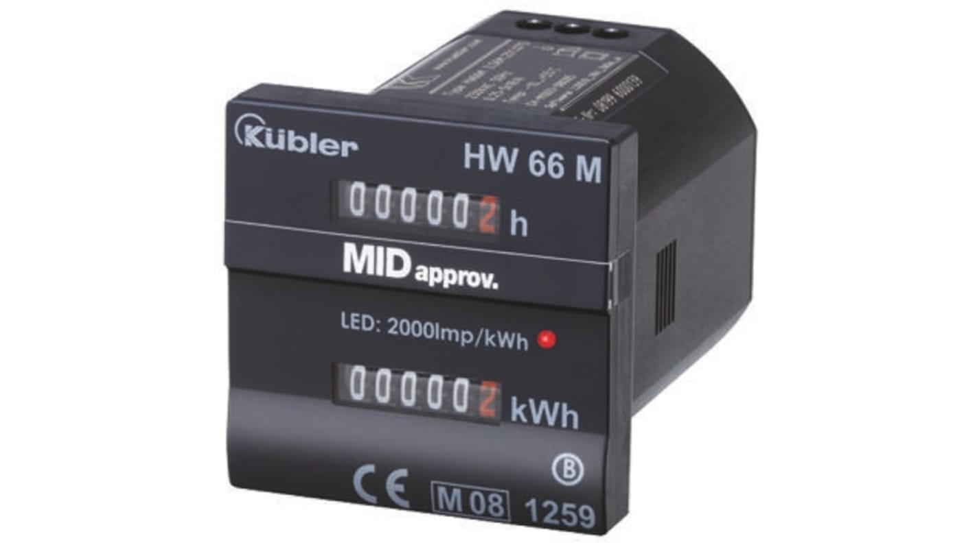 Contatore Kübler 3.56M.201.075, 12 cifre, 230 V c.a., visualizzazione simultanea di consumo e tempo, montaggio a pannello.