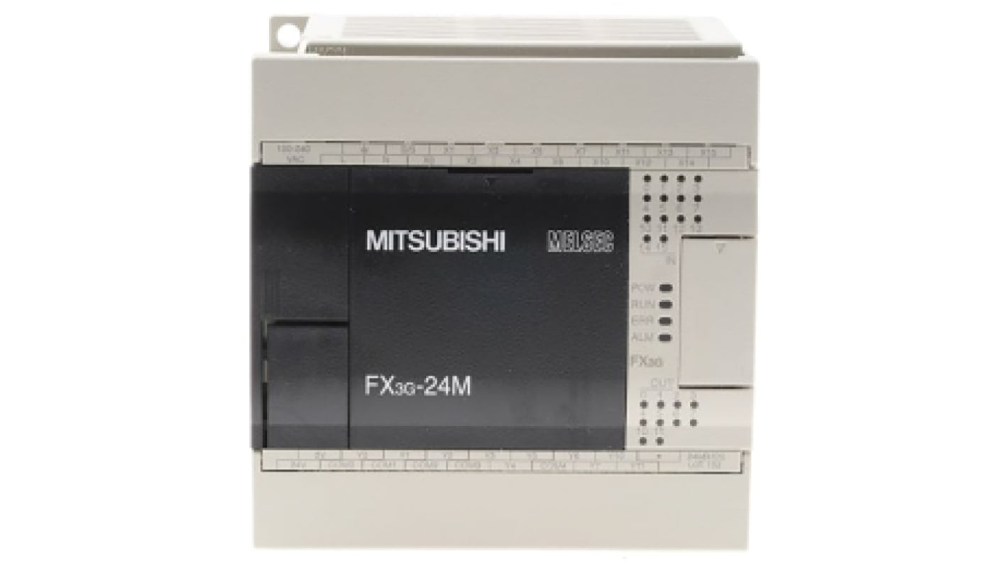 Modulo logico Mitsubishi Electric FX3G-24MR/DS per guida DIN, 14 ingressi, 10 uscite relè, dimensioni 90 x 90 x 86 mm.