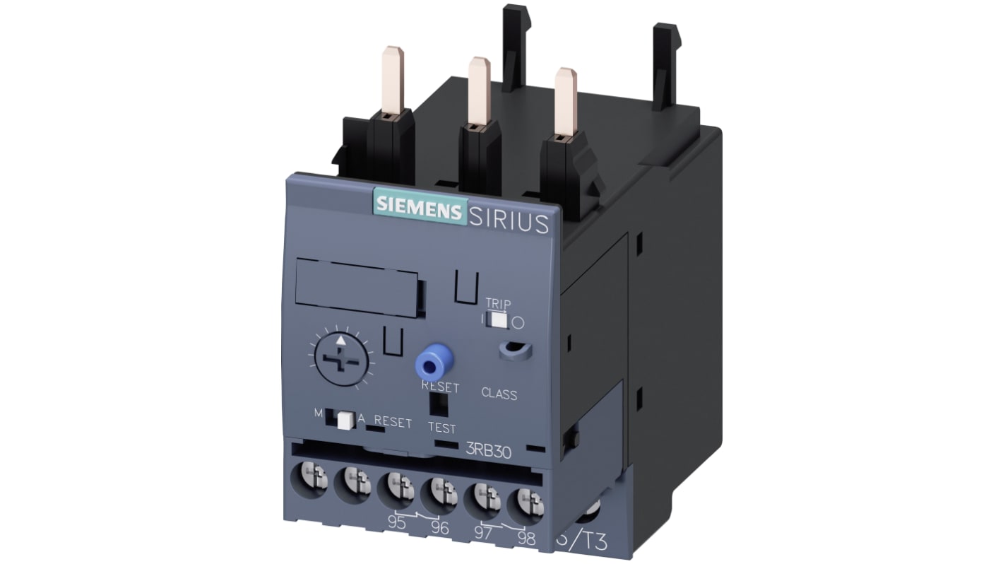 Relè di sovraccarico a stato solido Siemens 3RB3026-2NB0, 1 NO + 1 NC, corrente nominale 1,25 A, montaggio diretto, dimensioni 45 x 83,5 x 69,7 mm.