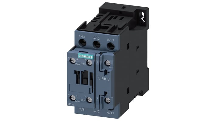 Contattore industriale Siemens 3RT2024-1BB40, 3 poli, 5,5 kW, 12A, 24V DC. Ideale per motori, resistente e compatto.