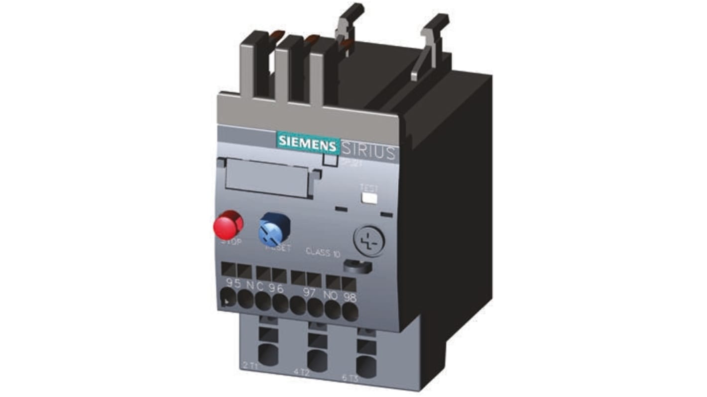 Relè di sovraccarico Siemens 3RU2116-0EC0, 1 NO + 1 NC, montaggio su guida DIN, dimensioni 87x45x73 mm, FLC 0,28-0,4 A.