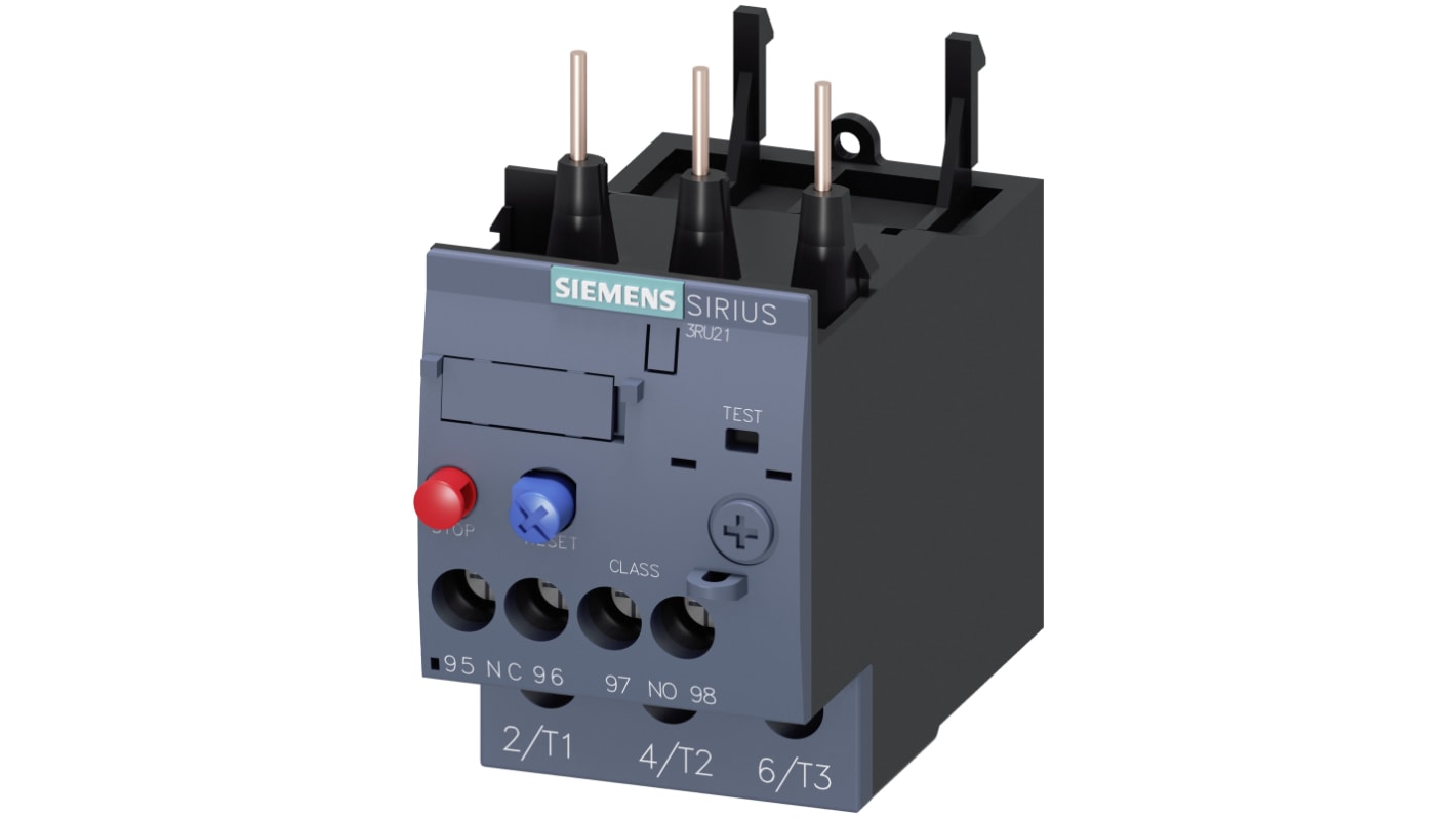 Relè di sovraccarico Siemens 3RU2126-4DB0, 1 NO + 1 NC, carico 20-25 A, montaggio su guida DIN, dimensioni 45x87x73 mm.