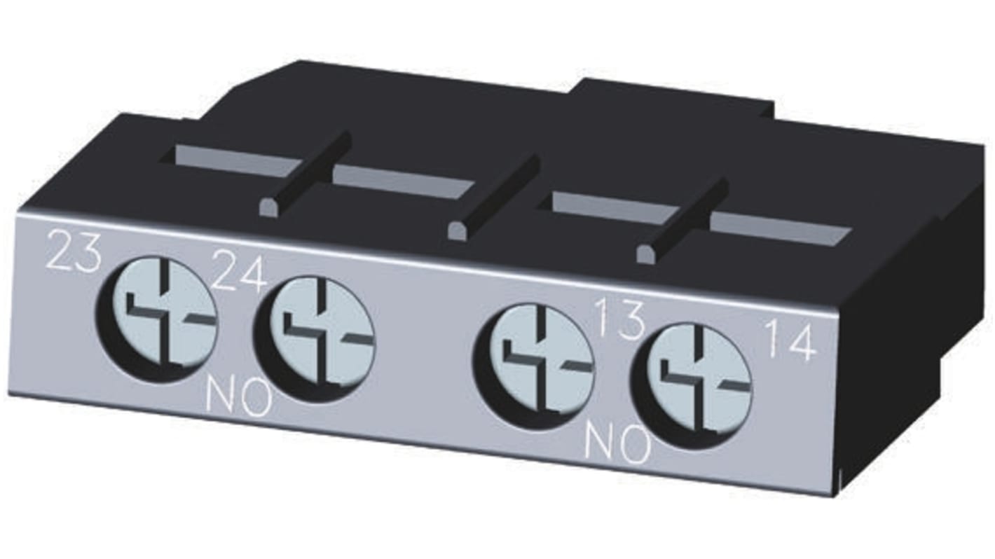 Contatto ausiliario Siemens 3RV2901-1F con 2 contatti N/A, montaggio a innesto per interruttori di protezione. Resistente e affidabile, ideale per ambienti industriali.