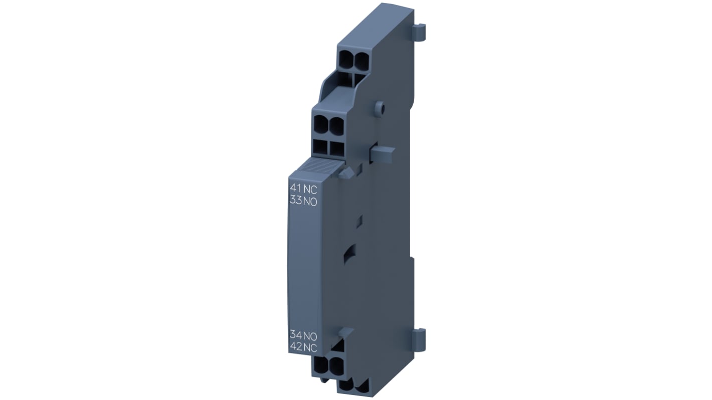 Contatto ausiliario Siemens 3RV2901-2A, 2 contatti (1 N/C + 1 N/A), montaggio a innesto, corrente 10 A, tensione 690 V.