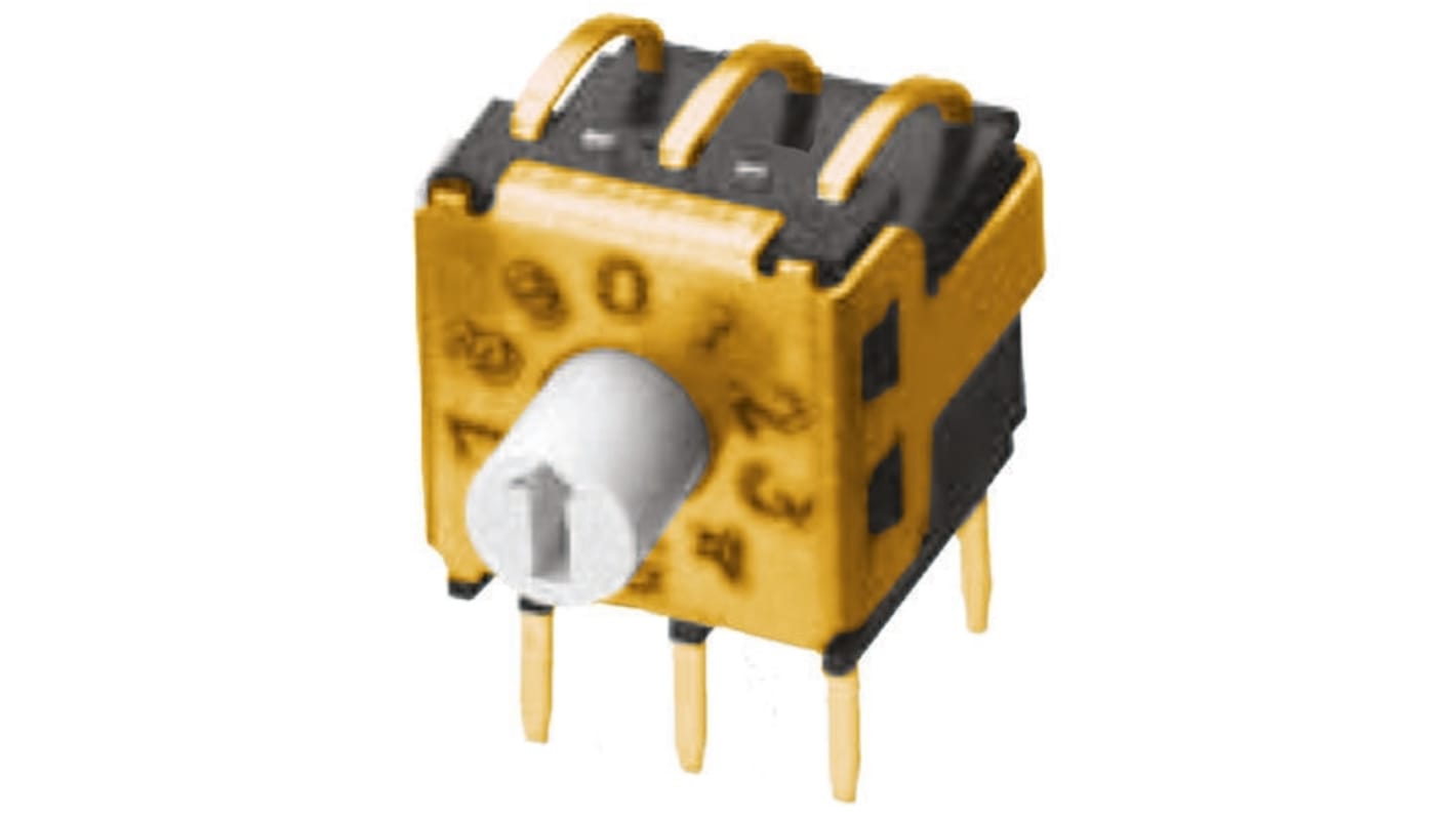 Interruttore DIP rotante Omron A6KV-102RS, 10 posizioni, montaggio a foro passante, dimensioni 7,2 x 7,2 mm.