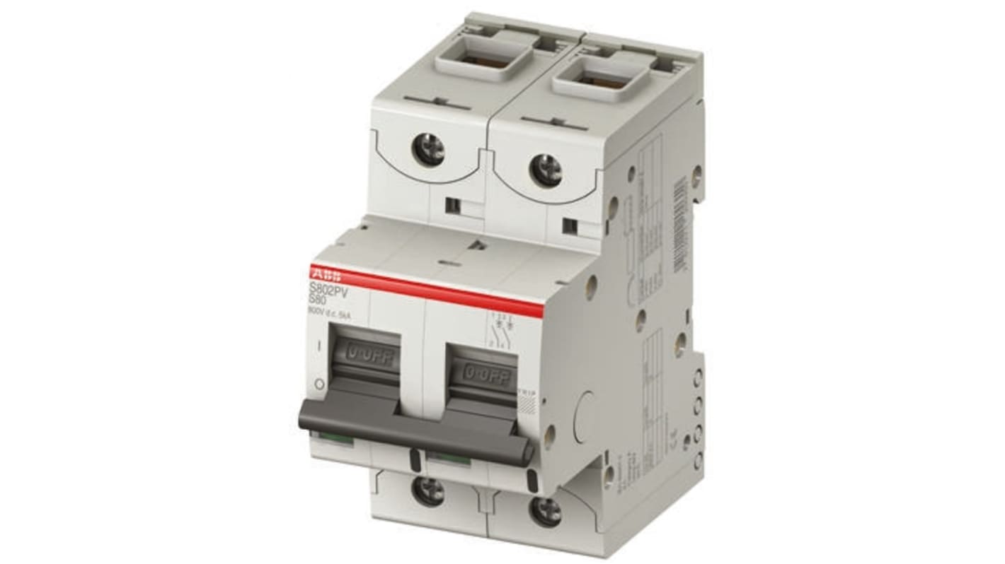 Interruttore magnetotermico ABB S802PV-S16 2P, 16A, montaggio su guida DIN, dimensioni 95mm x 53mm x 88.5mm.