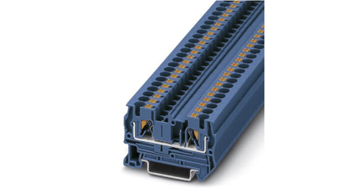 Morsettiera passante Phoenix Contact 3211760, blu, 8kV, collegamento a innesto PT 4 BU. Resistente agli urti, ideale per industria ferroviaria e costruzione di macchine.