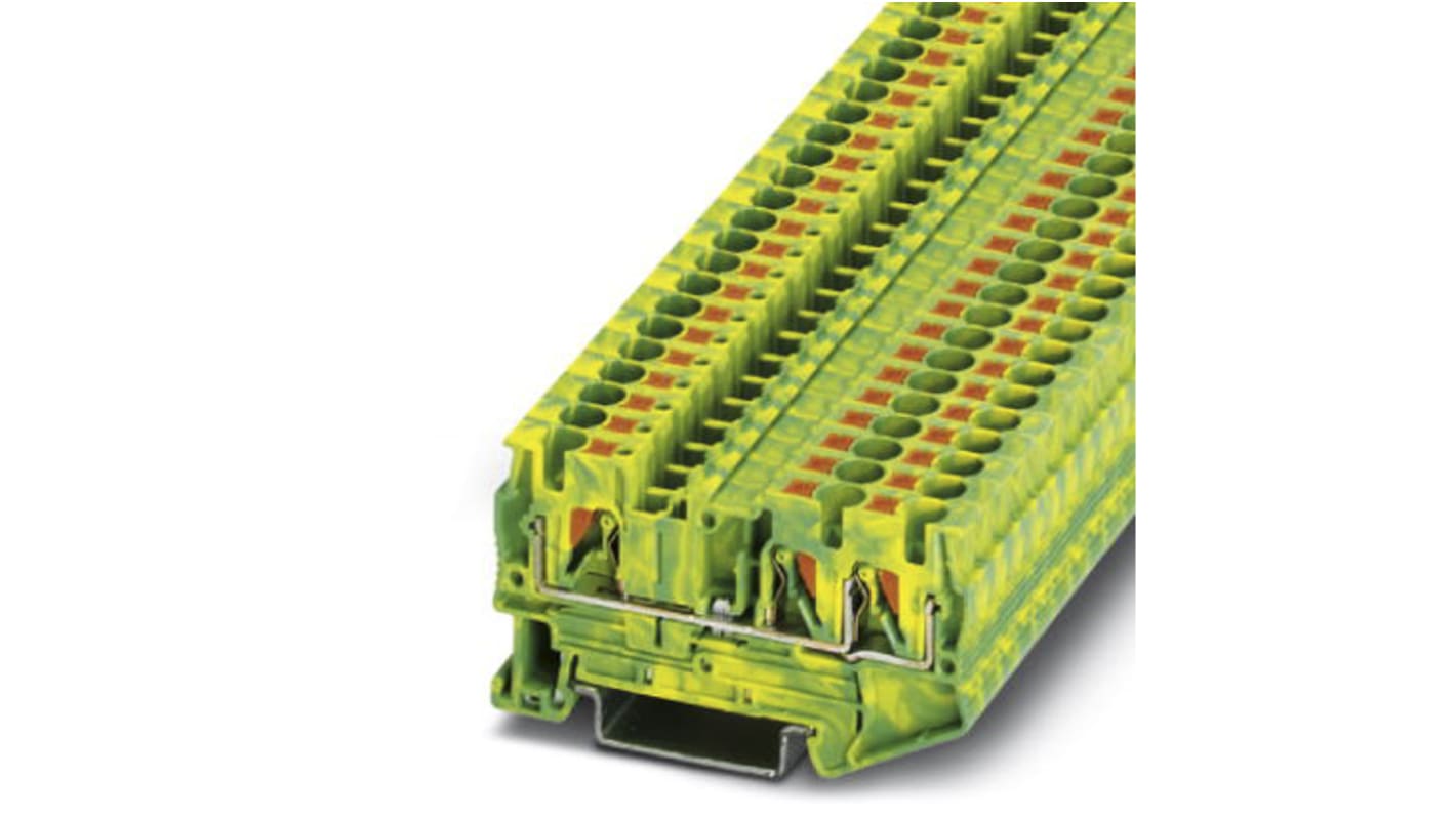 Morsettiera di messa a terra Phoenix Contact PT 4-TWIN-PE - 3211780. Dissipazione di potenza 1,02 W, per cavi 24-10 AWG. Certificazione ATEX, ideale per ambienti difficili.