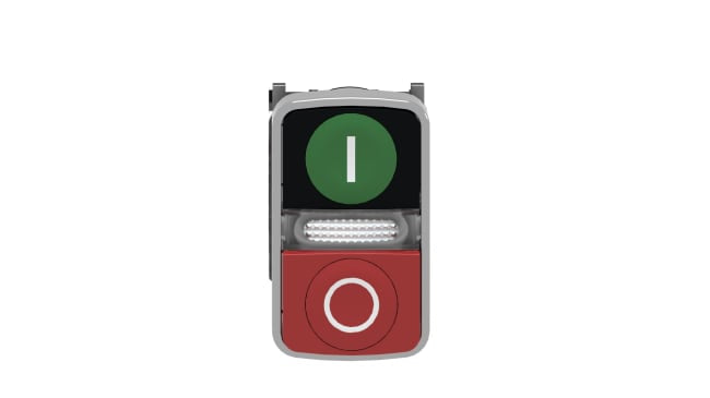 Pulsante illuminato Schneider Electric XB4BW73731B5, SPDT, montaggio a pannello, IP66/IP69K, diametro 22mm, colori verde e rosso.