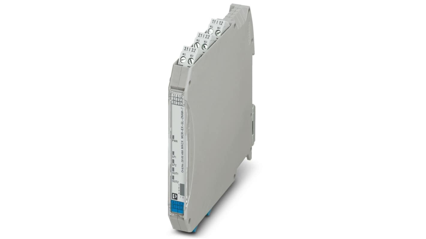 Phoenix Contact 2865489, amplificatore di isolamento Ex-i NAMUR, 2 canali, tensione 19.2-30V cc, SIL 2, omologazioni IECEx e ATEX.