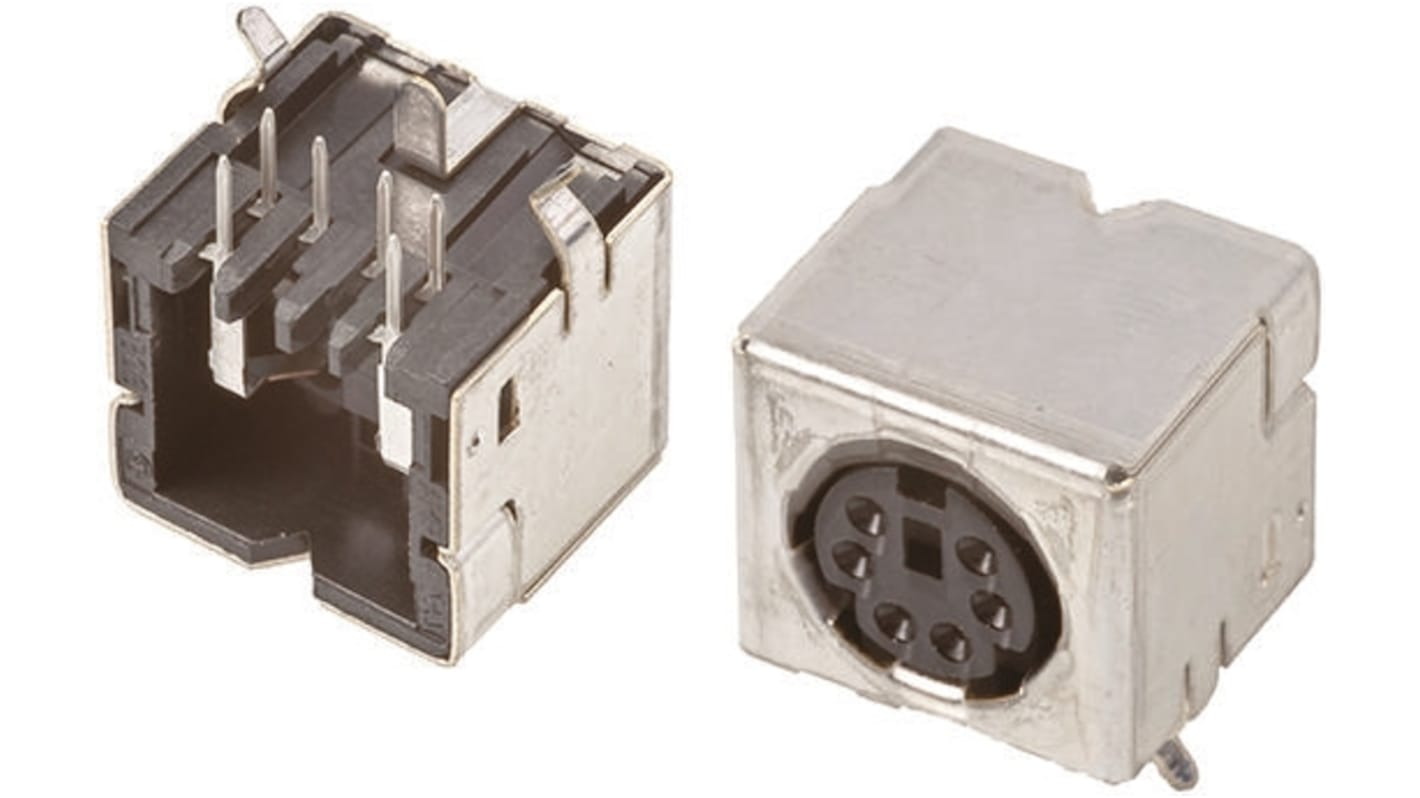 Connettore DIN femmina 6 poli TE Connectivity, corrente 1A, tensione 30 V c.a., montaggio a foro passante, temperatura -55°C/+105°C.