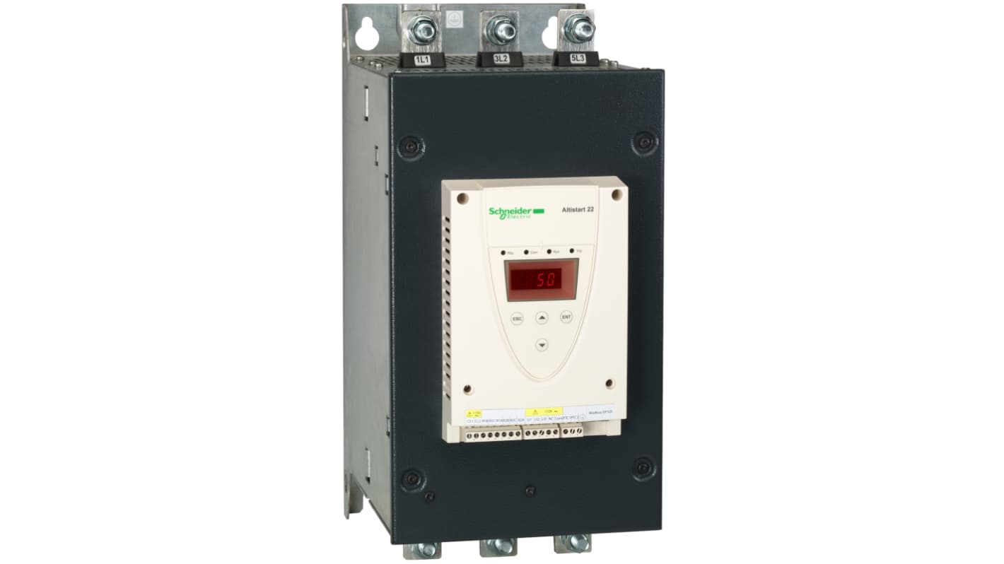 Avviatore soft-start trifase Schneider Electric ATS22C48Q, potenza 250 kW, corrente 480 A, dimensioni 339.7x304x455 mm.
