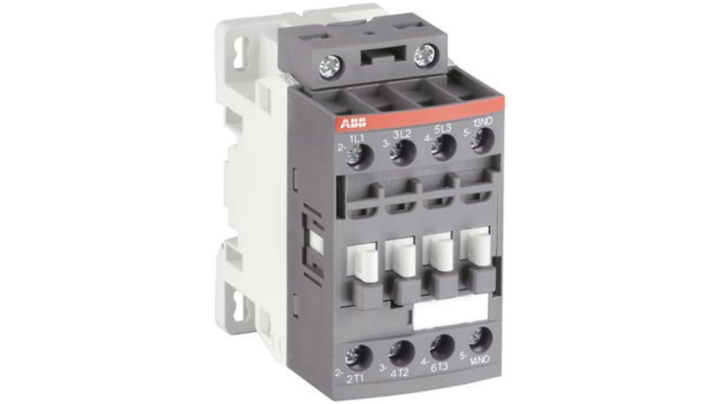 Contattore ABB 1SBL136001R2001 AF, 3 poli, 7 A, 4 kW, 12-20 V c.c., 690 V c.a., dimensioni 80x45x77 mm.