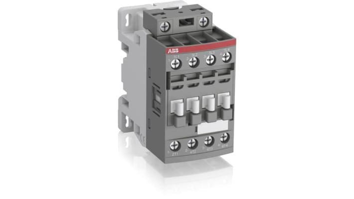 Contattore ABB 1SBL137201R1300 AF, 4 poli, 25 A, bobina 230 V, dimensioni 80x45x77 mm, grado di protezione IP20.