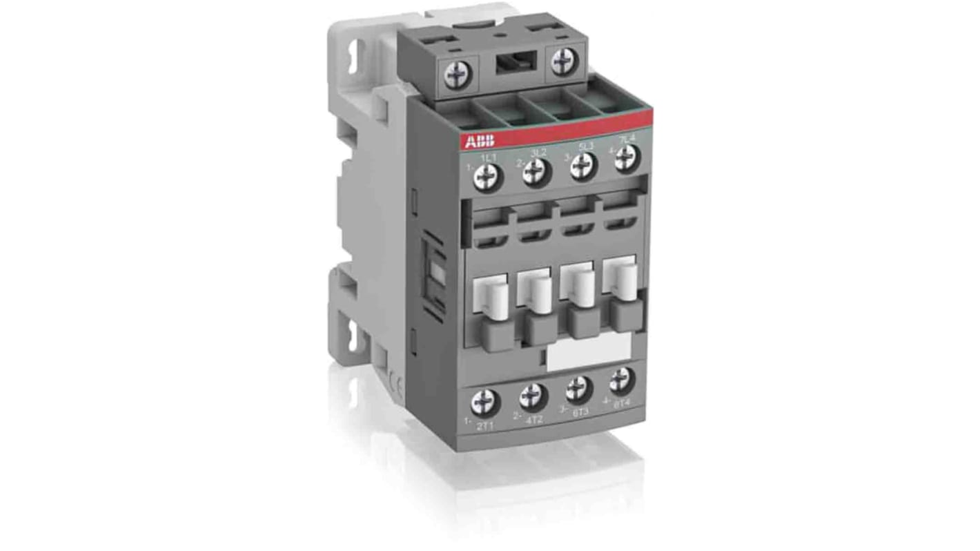 Contattore ABB 1SBL176201R2000, serie AF, 4 poli, 4NO, 30 A, bobina 12 V c.c., dimensioni 45x80x77 mm.