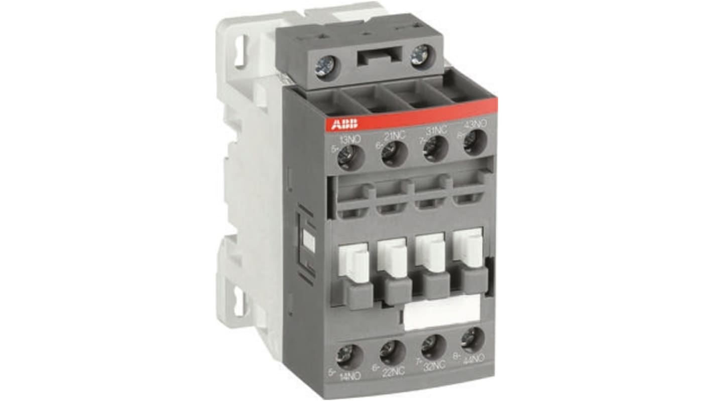 Contattore ABB 1SBH137001R1422 NF22E-14, 4 poli, 6 A, 230 V, dimensioni 86x45x77 mm, conforme a IEC 60947-5-1.