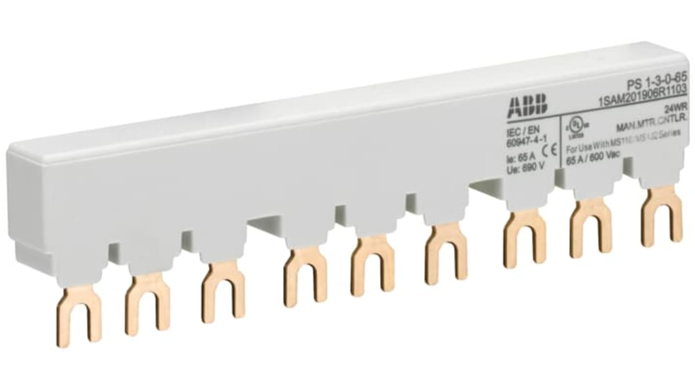 Barra di distribuzione trifase ABB, 690V, 65A, passo 17.5mm, compatibile con contattori AF, serie PS1.