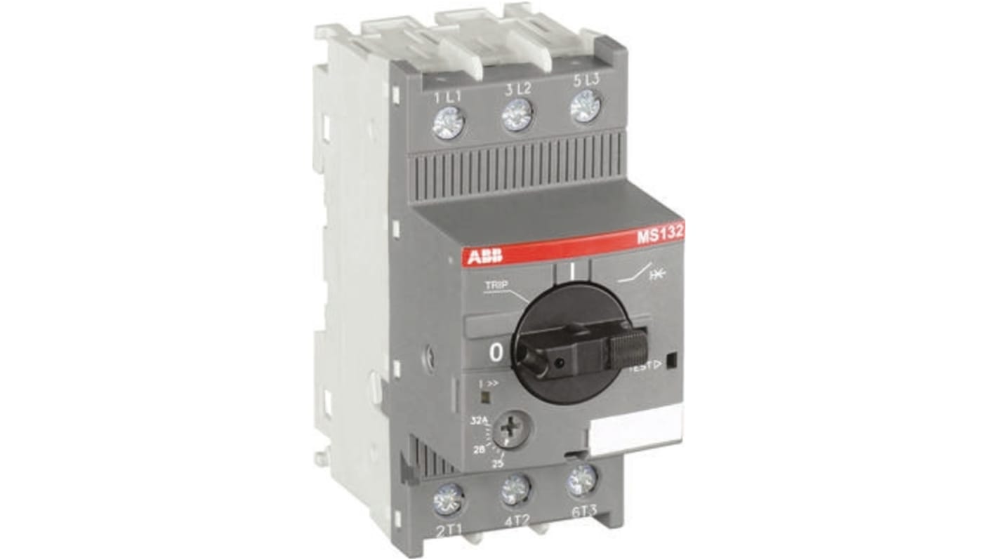 Interruttore automatico motore ABB 1SAM350000R1013 MS132-20, montaggio su guida DIN, 16-20 A, 3 poli, dimensioni 97,8 x 45 x 81,05 mm.