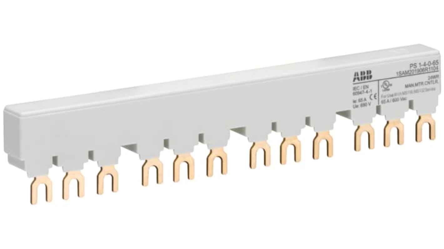 Barra di distribuzione trifase ABB, 690V, 65A, passo 17.5mm, compatibile con contattori AF, serie PS1. Codice 1SAM201906R1105 PS1-5-0-65.