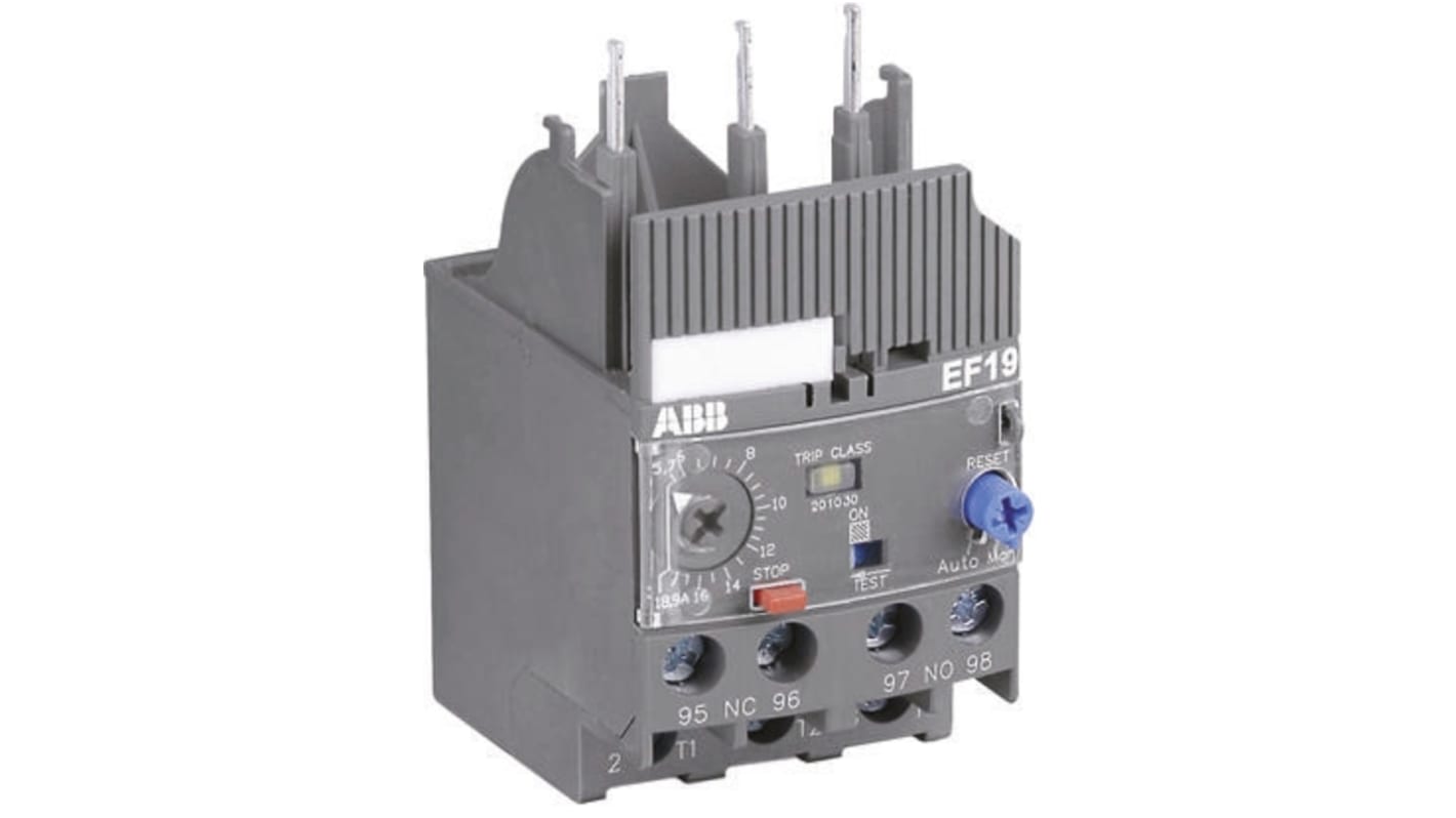 Relè di sovraccarico elettronico ABB 1SAX121001R1101 EF19-0.32, 1 NO + 1 NC, carico 0,1-0,32 A, dimensioni 44,4 x 59,3 x 85 mm.