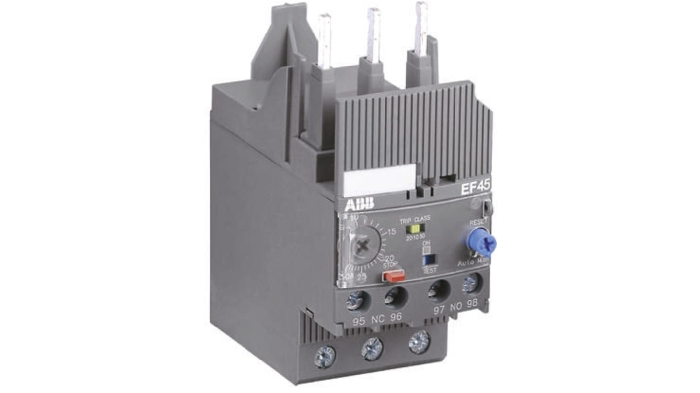 Relè di sovraccarico elettronico ABB 1SAX111001R1102, 1 NO + 1 NC, carico FLC 0.3-1 A, protezione selezionabile, dimensioni 74.6x44.4x57 mm.