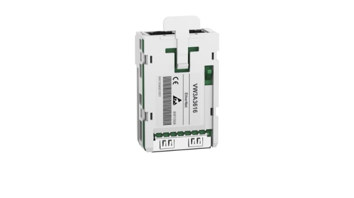 Scheda opzionale Ethernet TCP/IP VW3A3616 di Schneider Electric per unità ATV32, con due porte RJ45 e velocità fino a 100 Mbps.