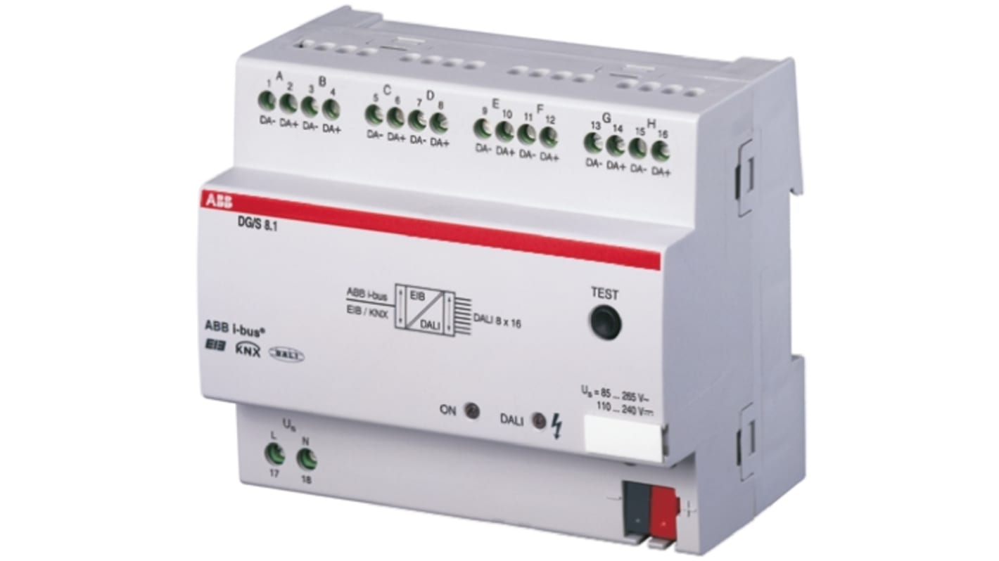 Modulo I/O PLC ABB 2CDG110025R0011, montaggio su guida DIN, gestisce fino a 128 dispositivi DALI su 8 uscite.