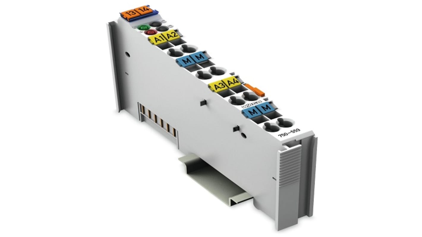 Wago 750-555, modulo I/O PLC Micro 800, 4 uscite analogiche 0-20mA, montaggio su guida DIN, dimensioni 100 x 12 x 64 mm.