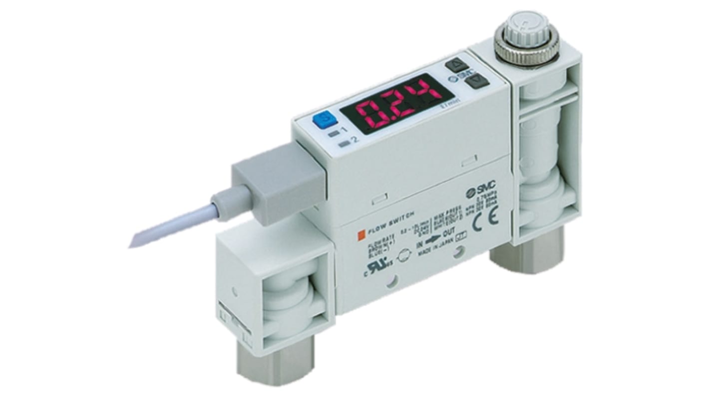 Regolatore di flusso digitale SMC PFM725S-F01-F, flusso 0,5-25 L/min, uscita PNP, design compatto, alimentazione 24 V c.c.