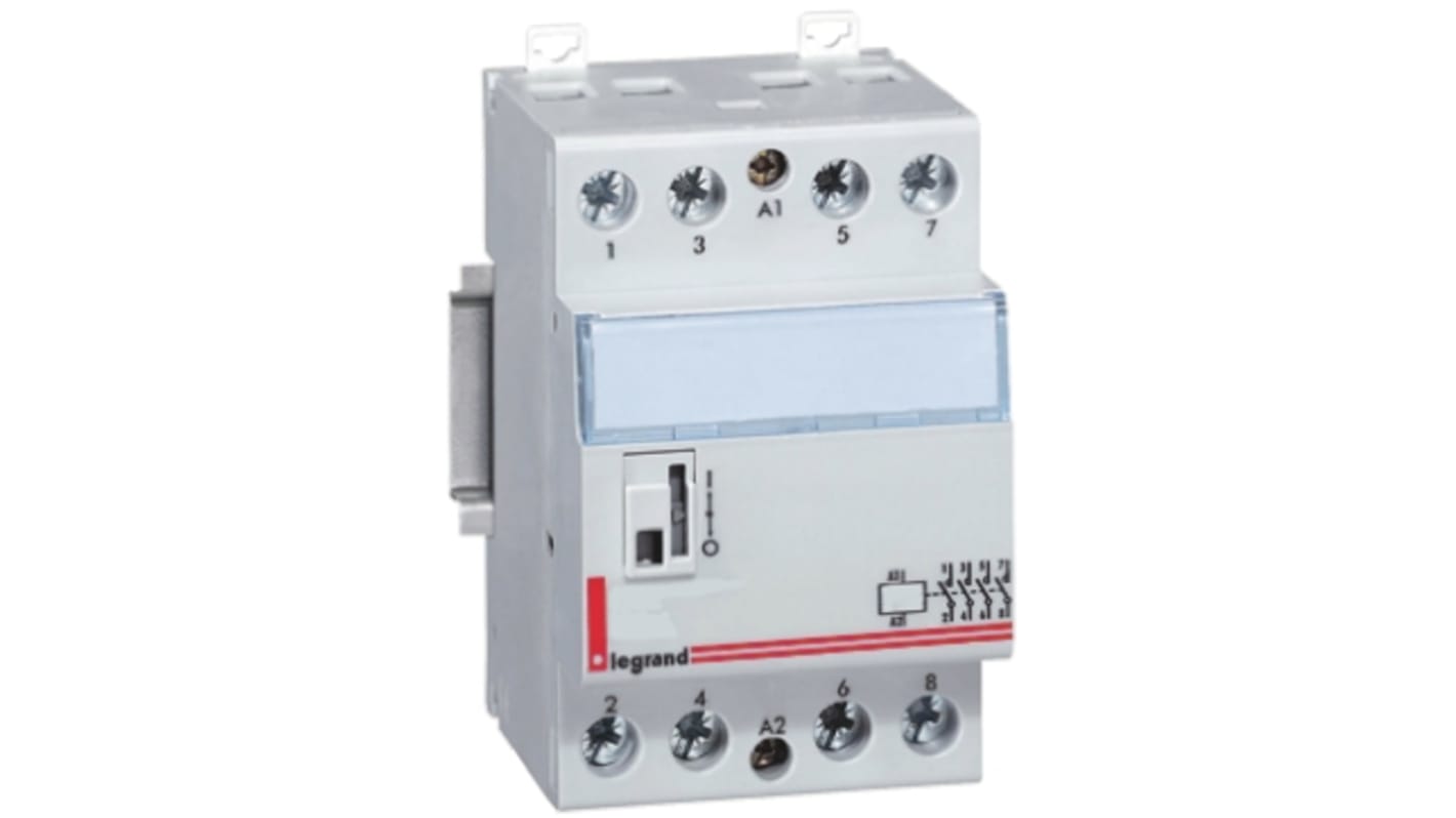 Contattore Legrand 4 125 53, serie CX3, 40 A, bobina 230 V, montaggio su guida DIN, 4 poli, vita meccanica 106 cicli.