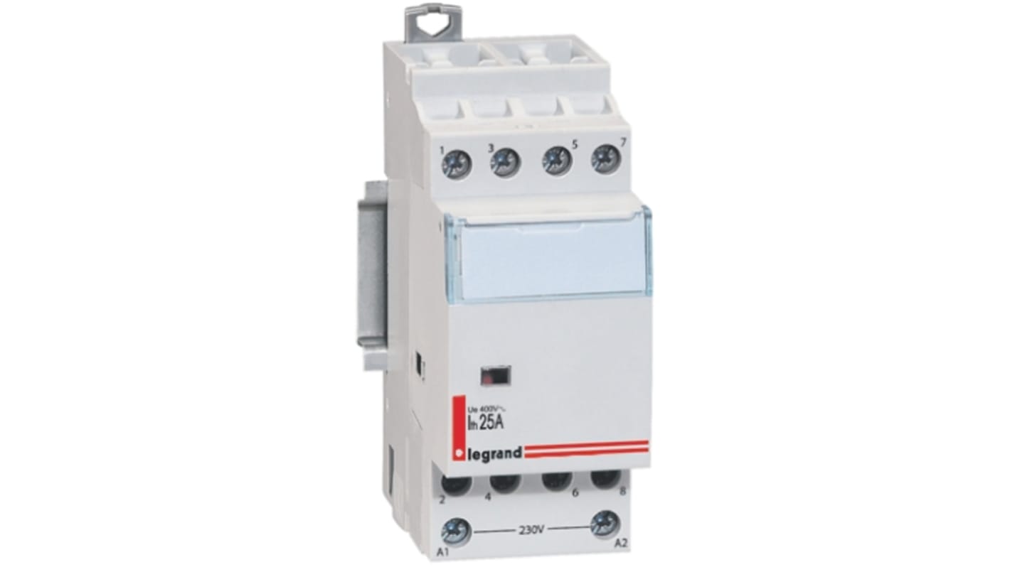 Contattore Legrand 4 125 35, serie CX3, 25 A, 230 V ca, 4 poli, montaggio su guida DIN, collegamento a vite.