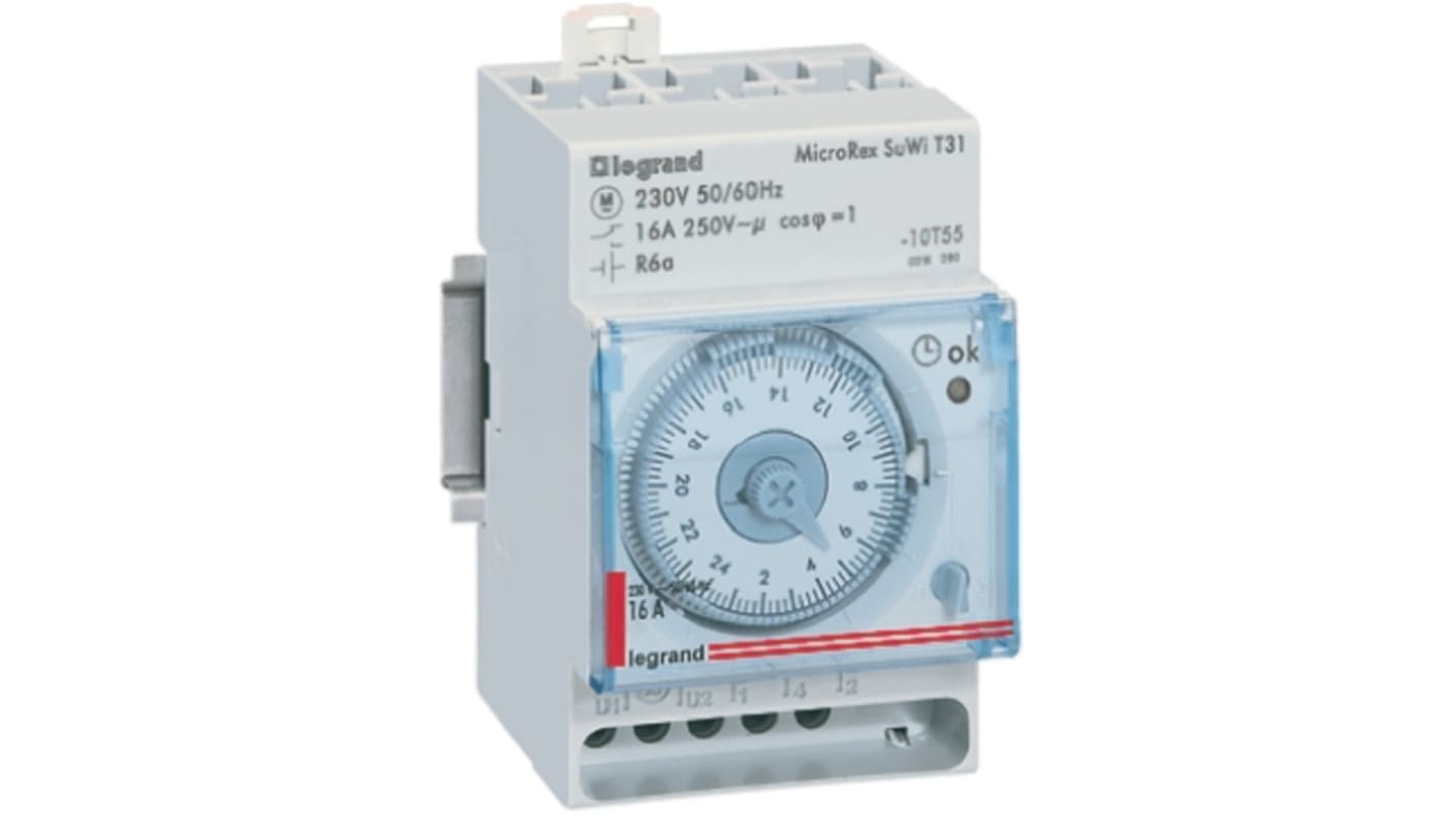 Temporizzatore Legrand 4 128 28 per guida DIN, 230 V, 1 canale, programmabile per avvio/arresto circuiti elettrici. Quadrante orizzontale, precisione 60 s/anno.