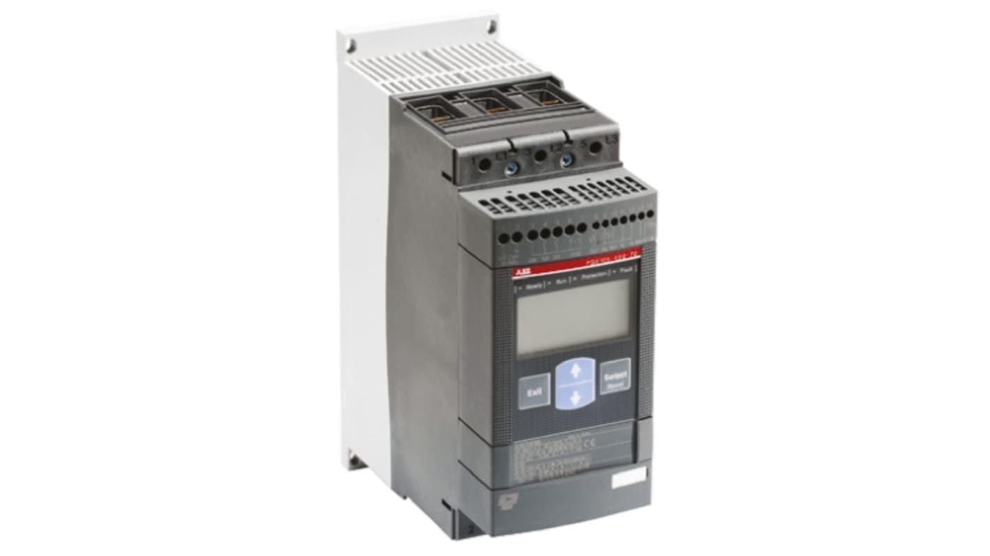 Avviatore soft-start ABB 1SFA897105R7000, 3 fasi, 18,5 kW, 600 V, corrente 45 A, con HMI e protezione sovraccarico.
