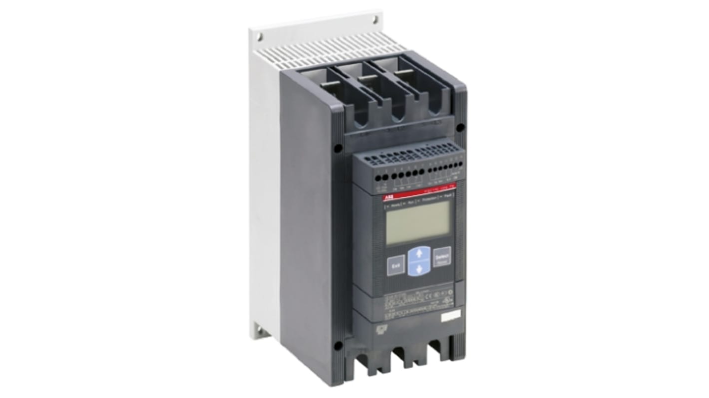 ABB 1SFA897110R7000, avviatore soft-start 3 fasi, 75 kW, 600 V, con controllo coppia e HMI. Dimensioni 295x130x219.5 mm.