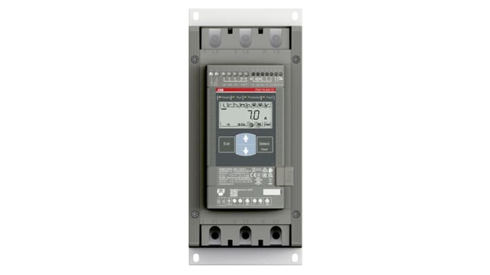 ABB 1SFA897111R7000, avviatore soft-start 3 fasi, potenza 75 kW, corrente 171 A, dimensioni 295 x 130 x 219,5 mm.